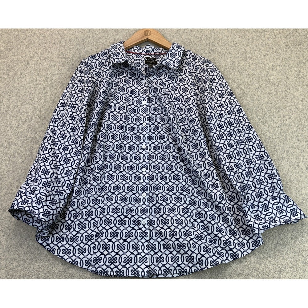 Talbots Womens Button Up Shirt White Navy Blue Geometric Wrinkle Resistance 14W